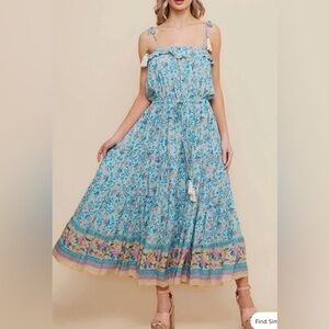 Saints & Hearts‎ Maxi Cottagecore Boho Floral Print Blue Sundress Flowy Tassels